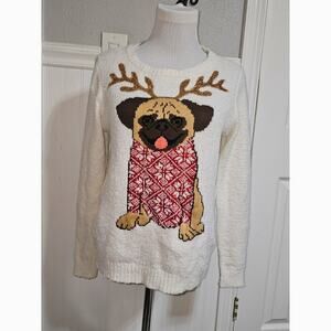 Designed By Love Cute Ugly Christmas Sweater Womens M Festive Pug Holiday
